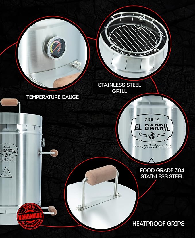 EL BARRIL 30lbs Grill & Smoker Barrel, Stainless Steel Charcoal Smoker Grill – Portable Outdoor Smokers with Grilling Accessories