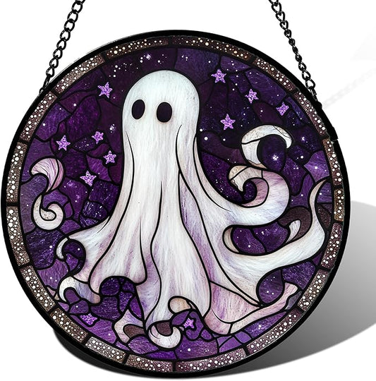 Stained Glass Window Hanging - Halloween Decorations White Ghost Purple Stars Suncatcher for Doors Garden Spooky Funny Sun Catchers Gothic Decor Horror Gifts for Women Men Friend 15 in