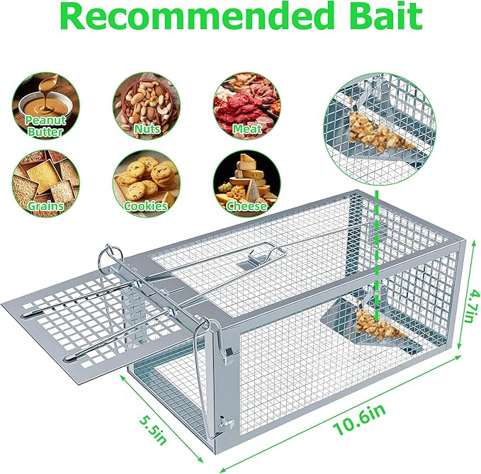 Humane Rat Traps 2-Pack, No Kill Small Animal Mouse Squirrel Cage Traps, Vole Mice Live Cage Catch and Release, Chipmunk Rodent Trap Mouse Traps That Work for Indoor and Outdoor