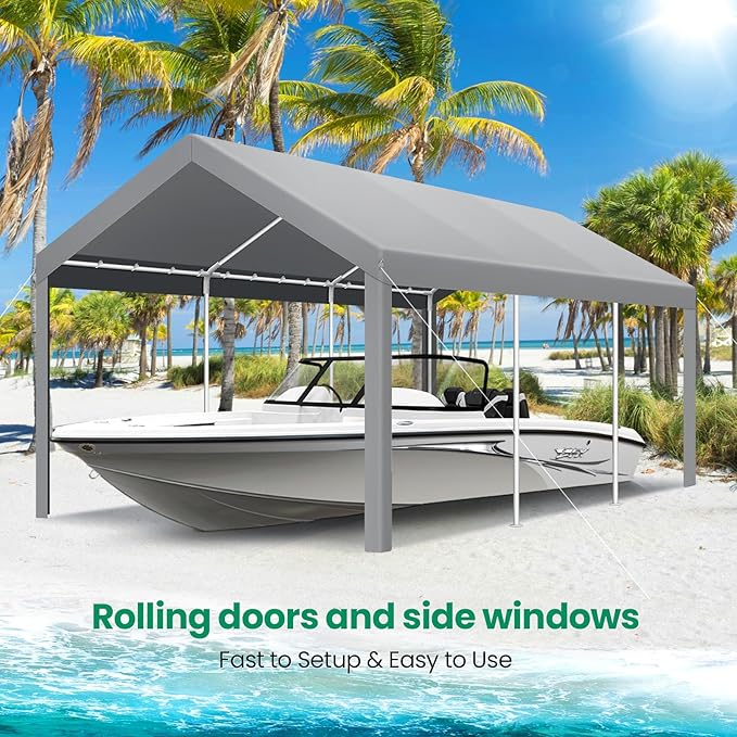 COBIZI Carport Canopy 12x20 Heavy Duty Car Tent Garage, Galvanized Frame Car Canopy Outdoor Shelter Waterproof & UV Protected with Built-in Sandbags & All-Season Tarp for Car Boat Truck, Gray