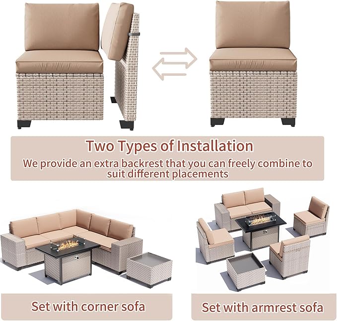 7 Pieces Patio Furniture Set with Fire Pit Table, Outdoor Sectional Wicker Sofa with Thickened Cushions and Coffee Table, High Back Rattan Patio Conversation Sets, Khaki