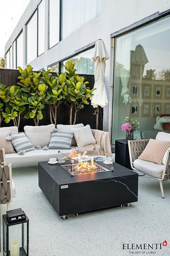 Elementi+ | Bundle Sofia Gas Fire Pit | Marble Porcelain & Metal Frame | 40" Square Fire Table | Electronic Ignition | Canvas Cover, Fire Glass & Burner Lid Included | Black | Propane Gas