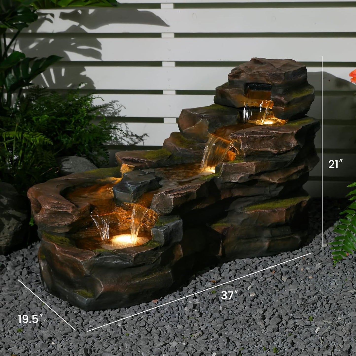 Water Fountain Outdoor Floor Standing 5-Tiers Rock Natural Waterfall Outdoor Garden Fountains with LED Lights for Patio, Porch, Home Art Decor
