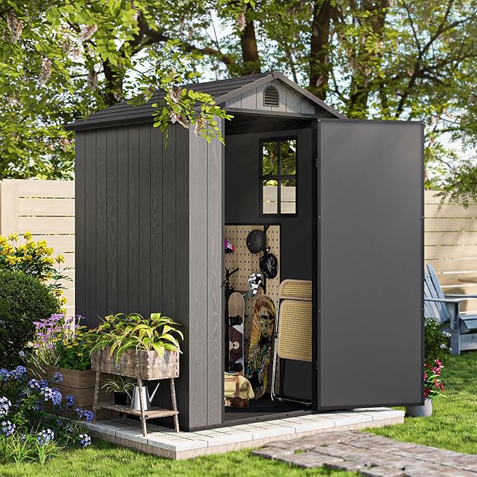 Patiowell 4 x 4 Plastic Outdoor Storage Shed with Floor, Resin Outside Tool Shed with Window and Lockable Door for Backyard Garden Patio Lawn, Deep Gray (Fit-it Shed)