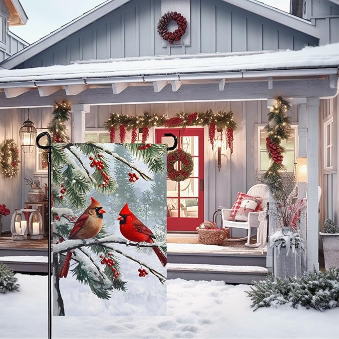 Winter Cardinal Bird Garden Flag Red Bird Pine Twigs Yard Flag Double Sided Polyester Holly Berry Snow Seasonal Garden Flags for Outdoor Farmhouse Christams Holiday Decor 12x18 Inch