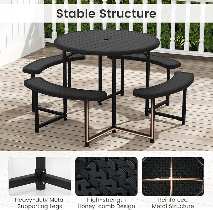 Tangkula 8 Person Picnic Table, HDPE Outdoor Round Table and Bench Set with 4 Built-in Benches, Umbrella Hole, Metal Frame for Garden Yard Patio Lawn