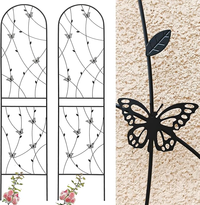 4 Pack Metal Garden Trellis 86.7" Tall Outdoor Climbing Plant Support for Roses, Flowers, Rustproof Durable Black Galvanized Tube, Lawn Garden Fence Decor Screen (4, Black flutter-86.7" H)
