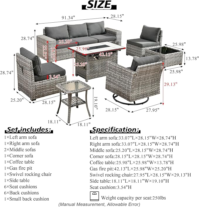 HOOOWOOO 9 Piece Modular Patio Outdoor Sectional Furniture Set with Large Propane Fire Pit Table,Wicker Conversation Sofa Set with Swivel Chairs,Outside Couch Set(Black)
