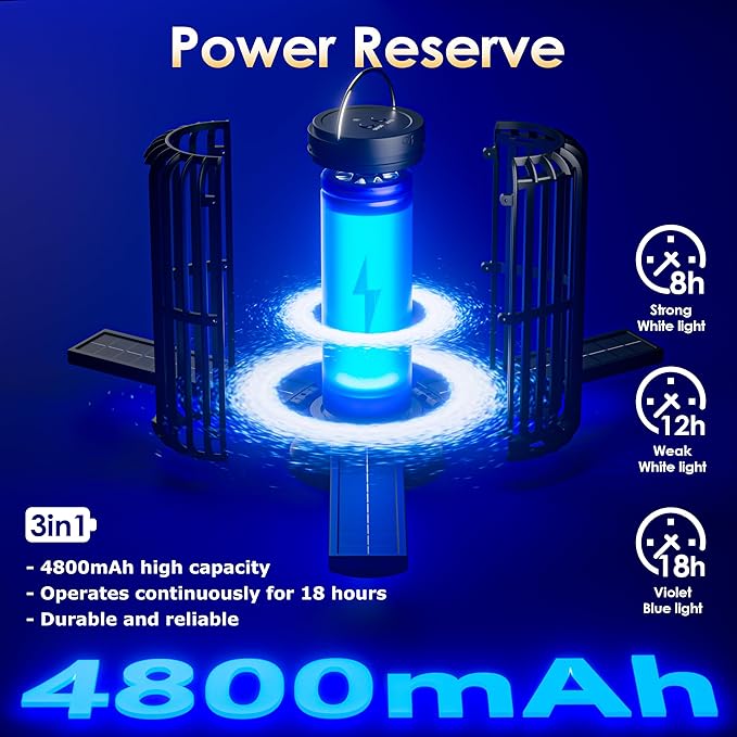 Bug Zapper, Solar Bug Zapper with 3 Solar Charging Panels, IP65 Waterproof Mosquito Zapper, 4200V Mosquito Zapper with LED Light, Outdoor Indoor AUTO ON/Off