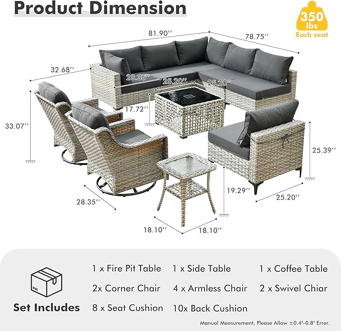 HOOOWOOO Outdoor Patio Furniture Set,10 Pieces Wicker Out Door Sectional Furniture L Shaped Couch,Patio Conversation Sets with Swivel Rocking Chair LED Table,Denim Blue