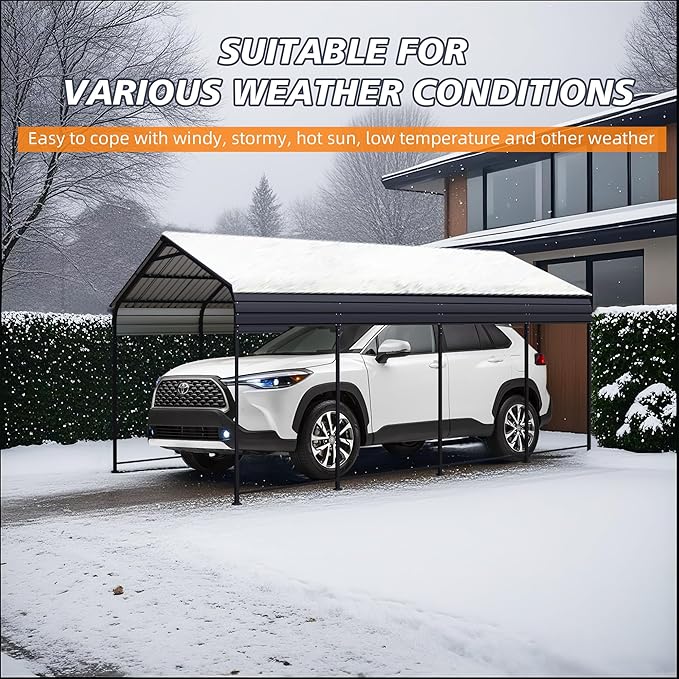 12x20 FT Heavy Duty Metal Carport, Outdoor Car Shelter with Galvanized Steel Roof and Reinforced Base, All-Weather Garage Canopy for Cars, Trucks, Boats, and More, Anthracite