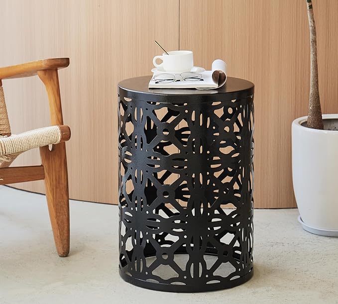 HFHOME Set of 3 Metal Outdoor Side Table, Nesting Round Coffee Table for Indoor Outdoor, Heavy Duty End Tables Plant Stand Living Room Garden Stool - Black