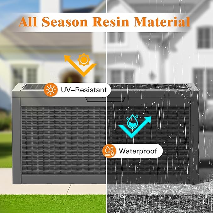 60 Gallon Outdoor Storage Box, Waterproof Deck Box with Handles and Lockable Lid, Resin Patio Storage Box with Hydraulic Rods for Garden Tools, Cushions, Black