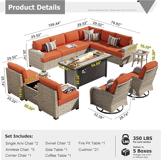 HOOOWOOO Outdoor Sectional Patio Furniture Set with Fire Pit Table,13 Pieces Wicker Conversation Sets L Shaped Couch,Extra Deep Out Door Sofa Outside Furniture with Swivel Chairs,Brick Red