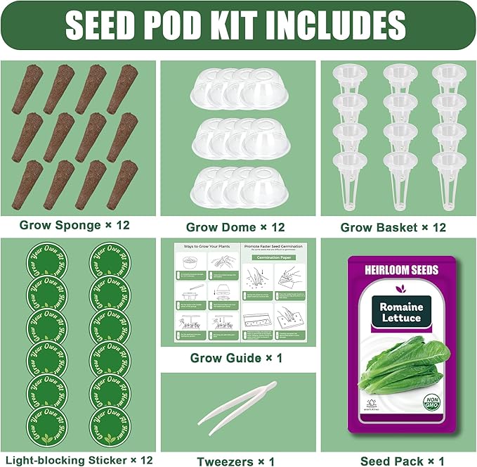 Romaine Seed Pods Kit for Hydroponics, 12 Pods Grow Anything Kit for Indoor Hydroponics Growing System, Hydroponics Supplies with 12 Grow Sponges, 12 Plant Baskets, 12 Pod Domes and Labels