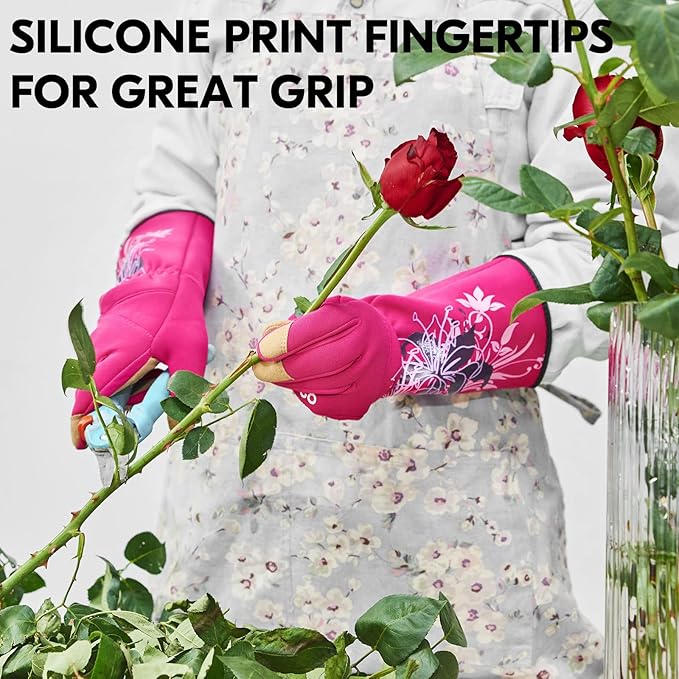 Vgo 1-Pair Ladies' Synthetic Leather Gardening Gloves, Long Sleeves Gauntlet, Breathable & Grip Work Gloves, High Dexterity, Washable (Size L, Red, SL7445)