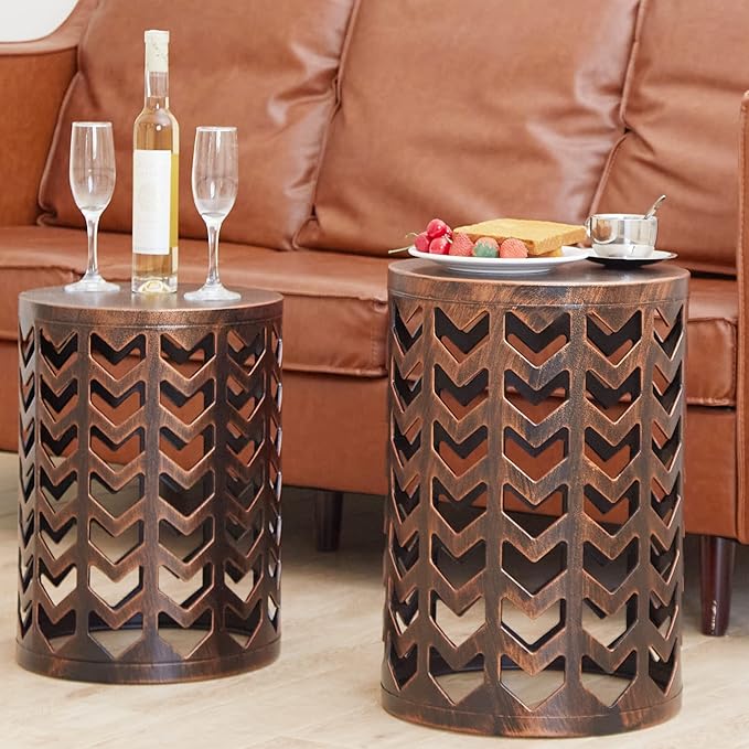 Y&M Nesting Side Table, Set of 3 Stacking Coffee Tables for Living Room End Tables, Outdoor Decorative Garden Stool with Heavy Duty Modern Industrial Decor - Black with Bronze (Ship from US)