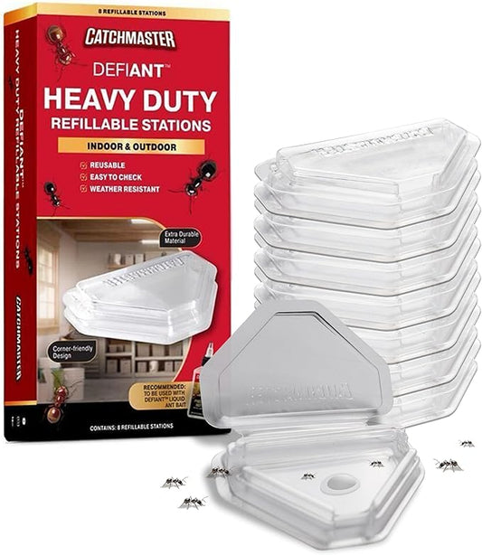 Catchmaster Defiant Extra Long Reusable Ant Traps Indoor (8 Pack) for Narrow Spaces – Liquid Ant Killer - Bait NOT Included - Stackable, Translucent Design – 28 Entry Points for Maximum Access