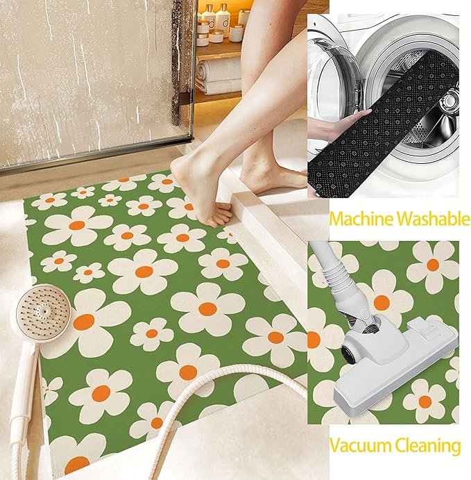 Door Mat,70s Groovy Flowers Welcome Mat Indoor,Green Floral Non-Slip Outdoor Entry Mat for Home Entryway, Low Profile Floor Rugs for Entry Patio, Porch, Hallways 30 x 17 Inch