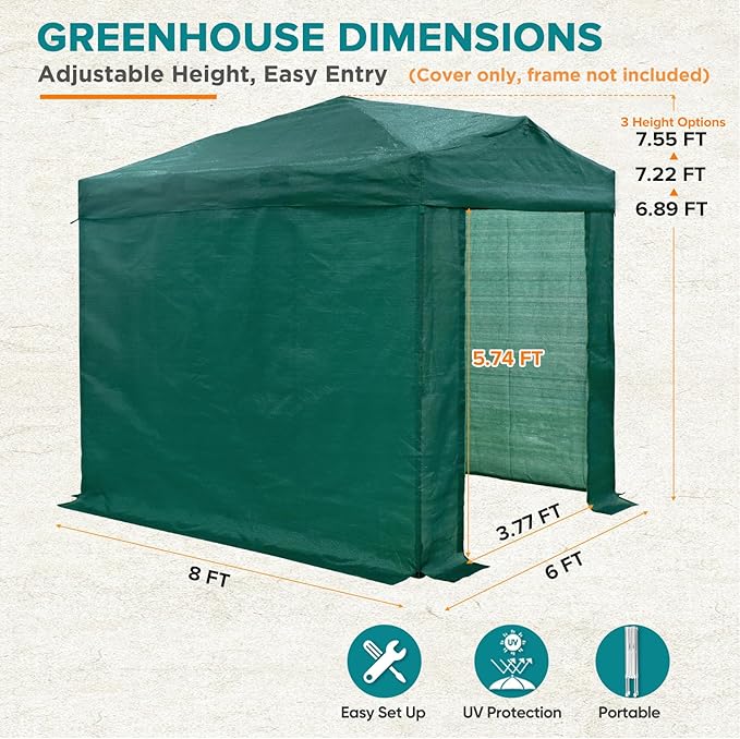EAGLE PEAK Replacement Mesh Cover for 8x6 Portable Walk-in Pop up Greenhouse, Front and Rear Zippered Entry Doors (Frame Not Included), Green