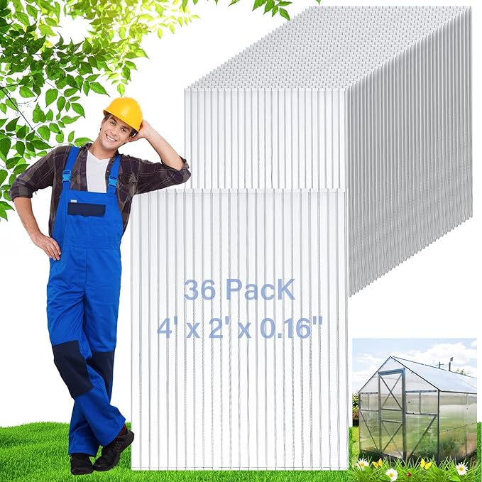 Tatuo 12 Pack 4' X 2' X 0.16'' Polycarbonate Greenhouse Panels Polycarbonate Sheets Twin-Wall Roof Panels Waterproof UV Protected Clear Corrugated Plastic Roofing for Greenhouse Replacement