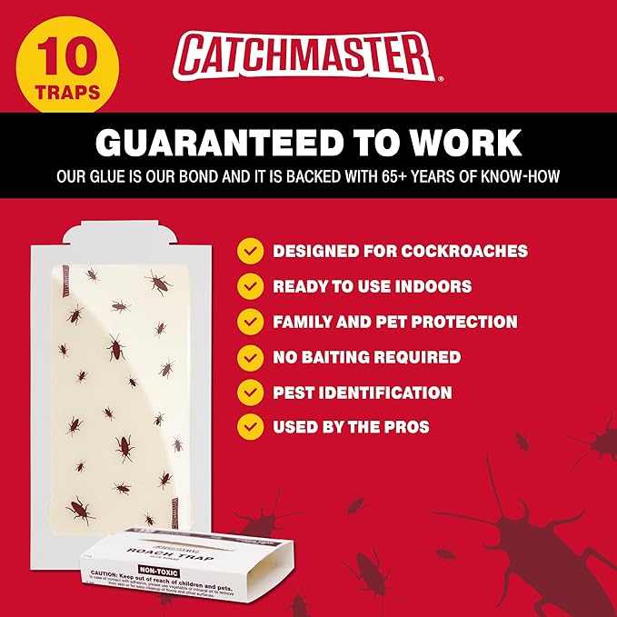 Catchmaster Roach Trap Glue Boards 10-Pk, Adhesive Bug Catcher, Scorpion, Spider, Cricket, & Cockroach Traps for Home, Bulk Glue Traps for House & Garage, Pest Control for Home
