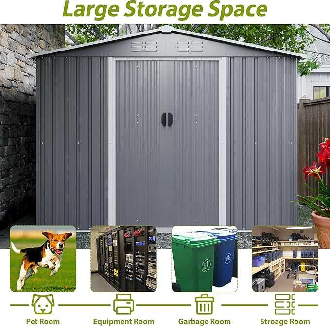 10X8 FT Outdoor Storage Shed, All Weather Metal Sheds with Lockable Doors, Tool Shed for Garden, Patio, Backyard, Lawn (Grey with Floor Frame, 8x6 ft)
