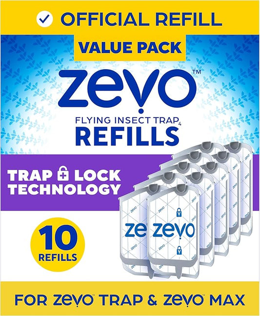 Zevo Flying Insect Trap Refill - for The Zevo MAX & Standard Indoor Fly Trap - Catch Gnats, House & Fruit Flies - Easy to Use - Mess-Free Disposal (10 Refill Cartridges)