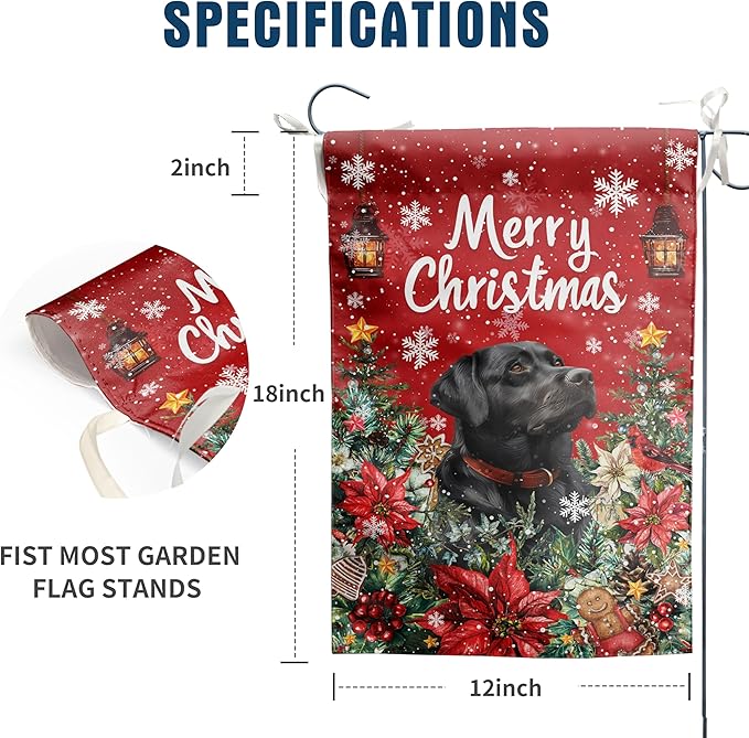 Christmas Black Lab Garden Flag Merry Christmas Labrador Dog Yard Flag for Outside Xmas Flags 12x18 Double Sided Red Poinsettia Garden Flags Winter Porch Outdoor Decor