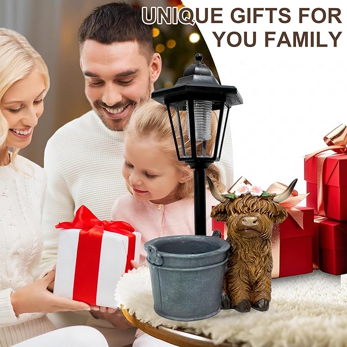 Highland Cow Statues Outdoor Solar Sculptures with Solar Lights and Flowerpot Funny Garden Decor Animal Figurines Resin Outdoor Statues for Patio Yard Lawn Balcony Grandma Mom Gifts