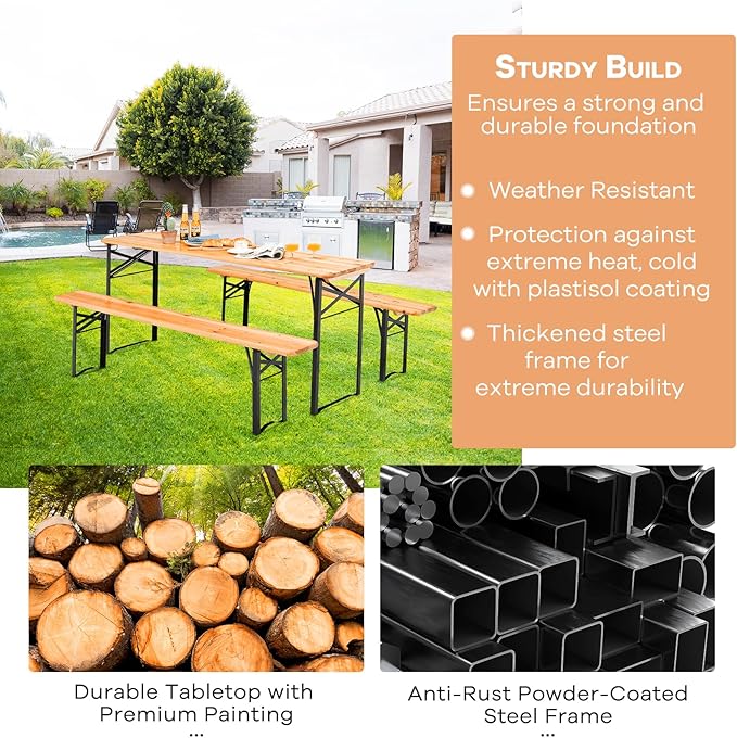 NAFORT 6FT Picnic Table Set, 3-Piece Folding Beer Table & Bench, Portable Wooden Picnic Tables for Outdoors Dining Table Set w/Metal Frame for Patio Garden