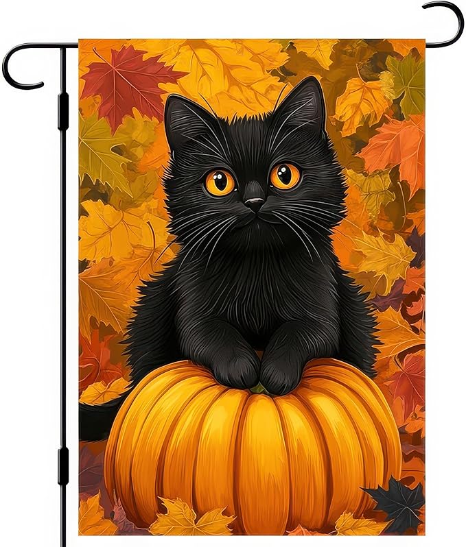 Thanksgiving Fall Garden Flag 12x18 Inch Welcome Black Cat Pumpkin Outdoor Flag Double Sided Autumn Yard Banner Maple Leaves for Porch Lawn Patio Halloween Thanksgiving Decor