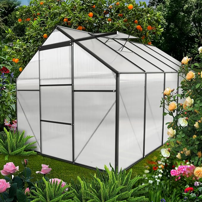 6x10 FT Polycarbonate Greenhouse,Heavy Duty Walk-in Garden Plants Green House,Adjustable Roof,Raised Base and Sliding Door for Outdoor Backyard,Easy to Install,Black