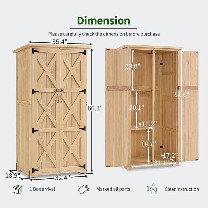 Macrout Outdoor Storage Cabinet, Wooden Storage Shed with Lock, Outside Garden Tool Shed with 2 Doors for Patio Yard Lawn, 1628 (Medium)