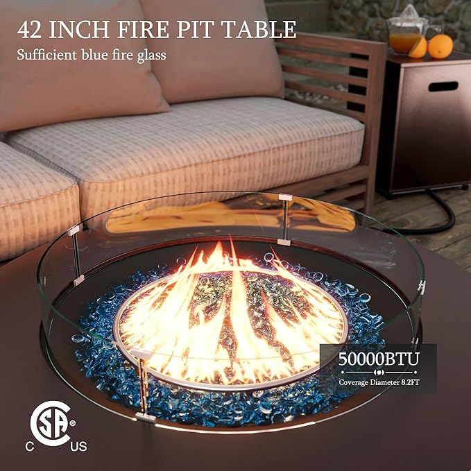 UPHA 42-inch Outdoor Propane Gas Fire Pit Table 50000 BTU Iron Round Firepit for Outside Patio with Tank Hidden Table, Wind Guard, Removable Lid, Blue Glass Rocks, Rain Cover, Brown