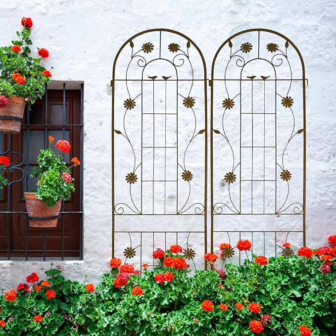 2 Pack Metal Garden Trellis for Climbing Plant Rose Stand, Brown Outdoor 86.7" Tall Flower Support Iron Garden Fence (Brown 86.7" H