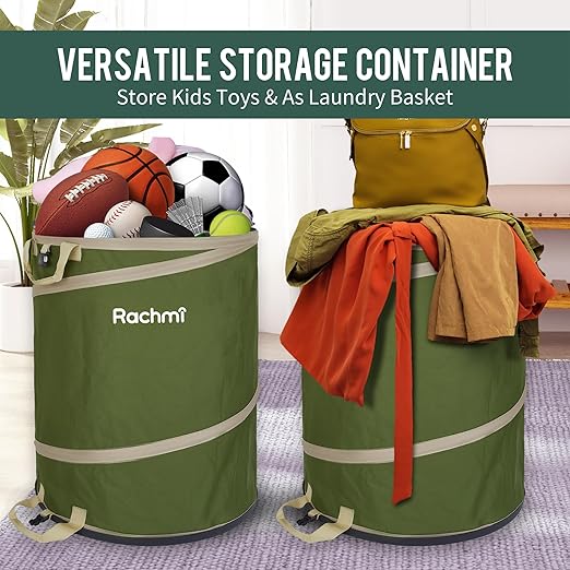 Rachmi 47 Gallon Collapsible Trash Can 2-Pack with Hard Bottom | Extra Large Reusable Yard Leaf Waste Bag Outdoor Pop Up Recycle Bin for Camping, Green