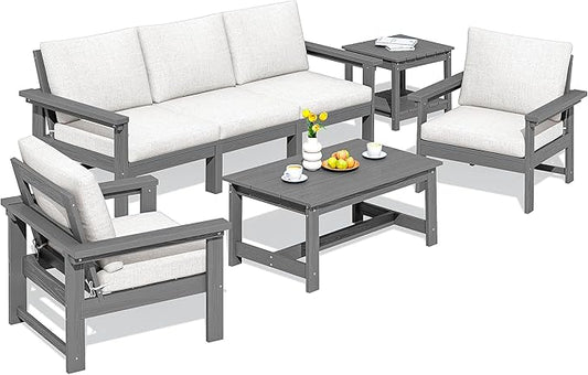 SERWALL HDPE Patio Furniture Set, 7-Piece Outdoor Sectional Sofa Set, All Weather Outdoor Couch Set for Deck, Lawn, Grey Frame with Khaki Cushion
