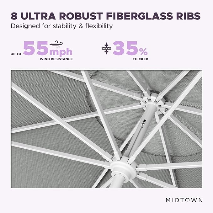 Midtown Umbrellas The Swilt 8 Feet Patio Umbrella in Terylast Matter (Grey) Polyester Fabric - Fiberglass Ribs, Auto-Tilt Aluminum Frame For Backyard, Deck, Garden, Pool - White Pole