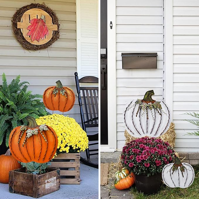 Metal Pumpkin Garden Stakes - Autumn Decorative Yard Signs - Indoor Outdoor Plant Flower Stake Fall Lawn Ornaments Pumpkin Decoration for Harvest Halloween (17.5"-B)