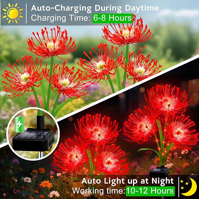 Solar Christmas Outdoor Lights Red Spider Lily – 6 Pack 18-Head Waterproof Garden Flower with Glowing Stems,Decorative Solar Powered Yard,Patio & Lawn Decor,Holiday & Gardening Gifts for Women Grandma