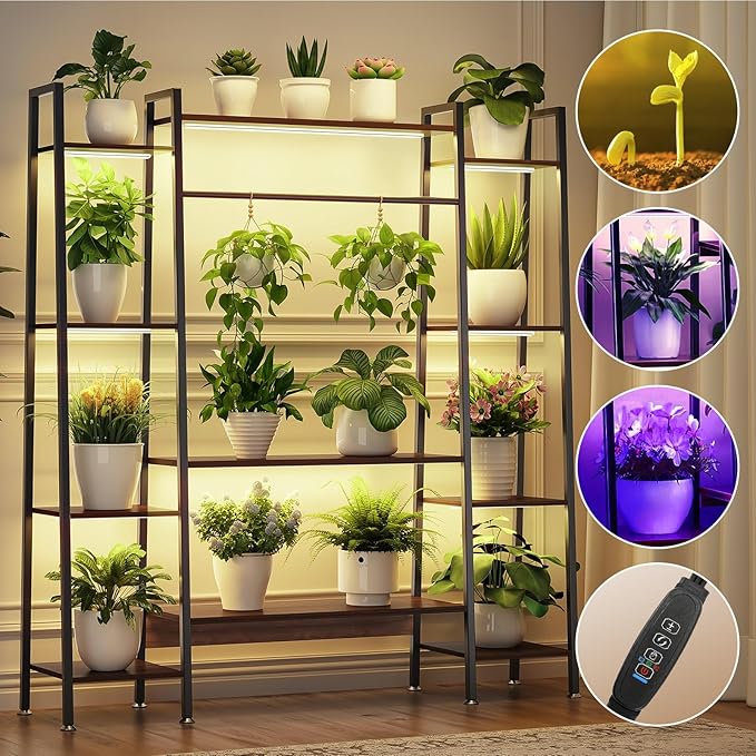 55" Large Plant Stand Indoor with 8 LED Grow Lights (3 Modes & Auto Timer) - 12 Tiered Metal Plant Shelf, 10 Dimmable Brightness Levels, Flower Stand Display Rack for Patio Balcony Garden