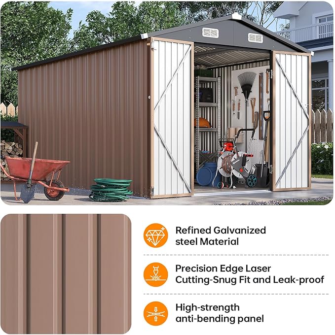 8x12FT Outdoor Storage Shed, Metal Garden Shed with Lockable Double Doors & Sloping Roof, Weather-Resistant Tool Shed for Backyard, Patio, Poolside Brown