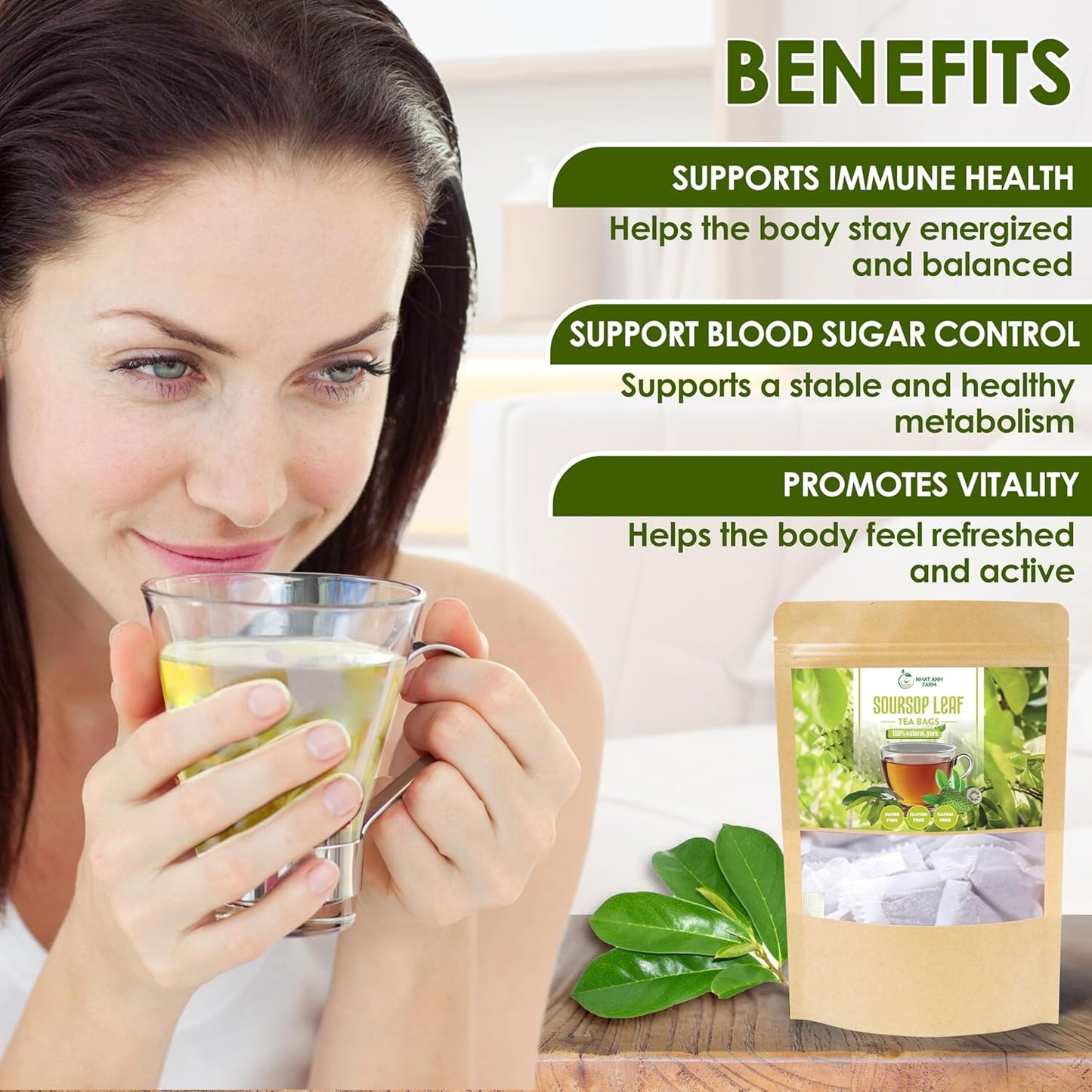 NHAT ANH FARM - Premium Soursop Leaves Tea Bags - Dried Soursop Graviola Leaves 40 Teabags, 2.5g/bag - Sugar/Caffeine/Gluten Free. Support Healthy Skin & Sleep