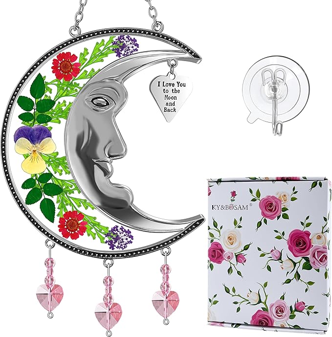 KY&BOSAM Sun Face Moon Suncatcher I Love You to The Moon and Back Stained Glass for Window Hangings Wind Chime Decor with Pressed Real Flower and Metal Charm Gift for Women Mother`s Day Christmas