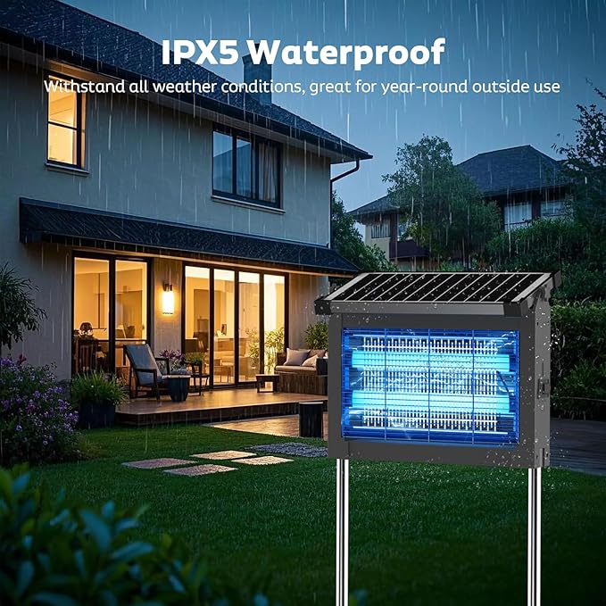 Solar Bug Zapper Outdoor, Mosquito Zapper Waterproof Electric Fly Zapper Rechargeable Mosquito Killer Lamp with 10W Solar Panel, 4500V Cordless Fly Trap for Backyard, Patio, Garden, RV, Camping