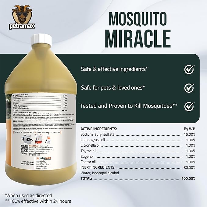 PetraMax Miracle Outdoor Mosquito Spray for Yard - Tested to Kill, Backyard Mosquito Fogger Machine Liquid Concentrate - Pet Safe Fogger Spray - Commercial/Private Pet Friendly Lawn Treatment (4 Gal)
