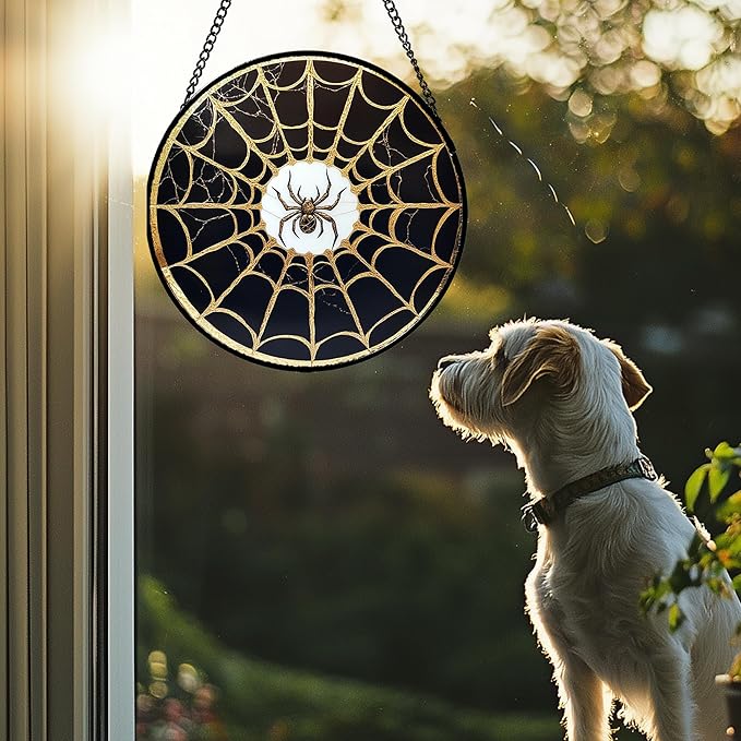 Stained Glass Window Hanging - Black Gold Spider Suncatcher for Door Terrace Garden Home Decor Halloween Sun Catcher Christmas Birthday Gifts for Lovers Women Men Dad Mom Nana 6.3 in