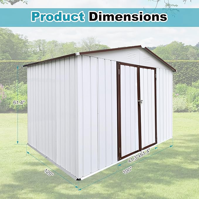 8x10 FT Outdoor Storage Shed, Metal Tool Shed with Lockable Doors, Peaked Roof & Frame Floor, Garden Shed with Vented Design for Backyard Garden Patio Lawn, White+Coffee