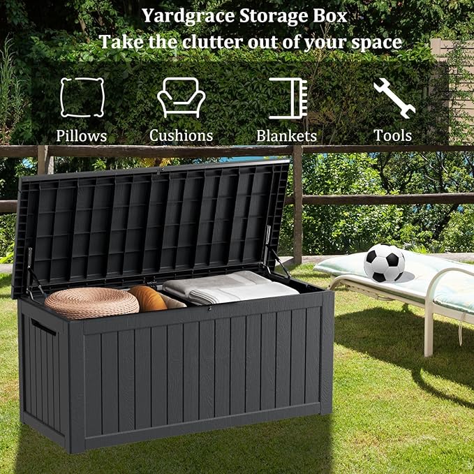 270 Gallon Waterproof Deck Box, Lockable Resin Storage Box for Patio Furniture Cushions Garden Tools and Outdoor Delivery Storage, Black